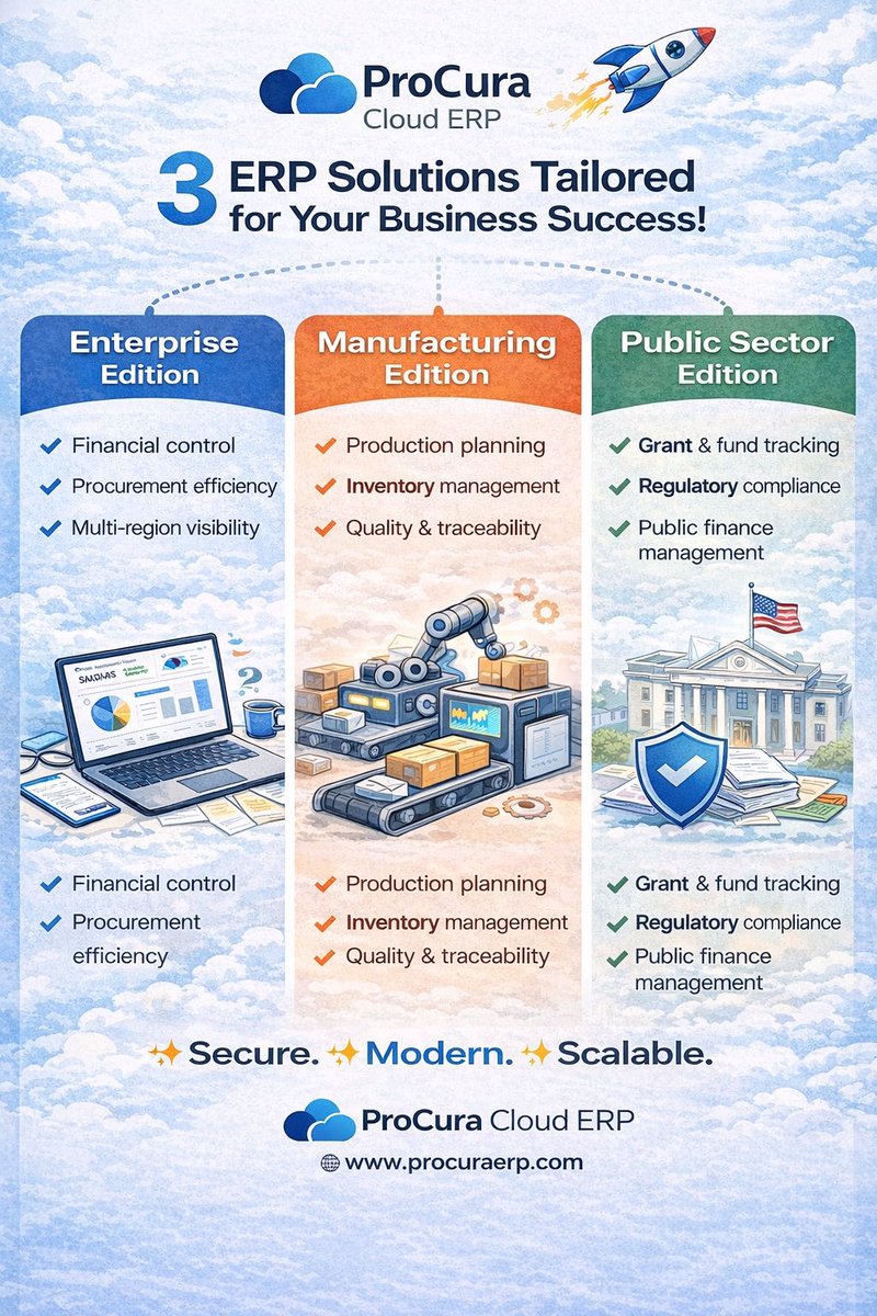 TheDigiHubs's tweet photo. Different industries. Different operational realities. One powerful platform.
ProCura Cloud ERP adapts to enterprise scale, manufacturing precision, and public sector governance.
Scale with confidence.
🌐 https://t.co/06abMxNgQ1
#EnterpriseSoftware #ManufacturingERP #GovTech https://t.co/Ae0OHkDkaz