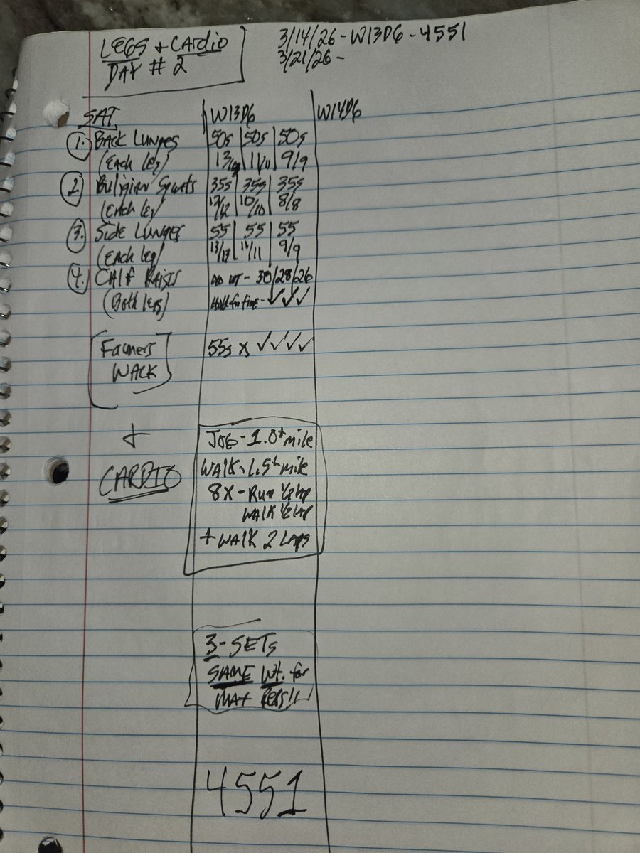 P90coachK's tweet image. SATURDAY: 3/14/26.   #4451!!
P90COACHKTOTALBODYWORKOUTW13D6DAYS445INAROW!!
P90COACHK LEGS DAY #2 WITH A 38 MINUTE JOG/ WALK DONE SON!!
#LEGS&amp;amp;CARDIO!! 
#SUPERHUMANBURNLEMONATOR!!
#NEWWORKOUTPROGRAM!!
#3SETSTOMAXREPS!!
#JOG1.0+MILES&amp;amp;WALK1.5+MILES!!
#RUN1/2LAPWALK1/2LAPX8+WALK2LSPS!
