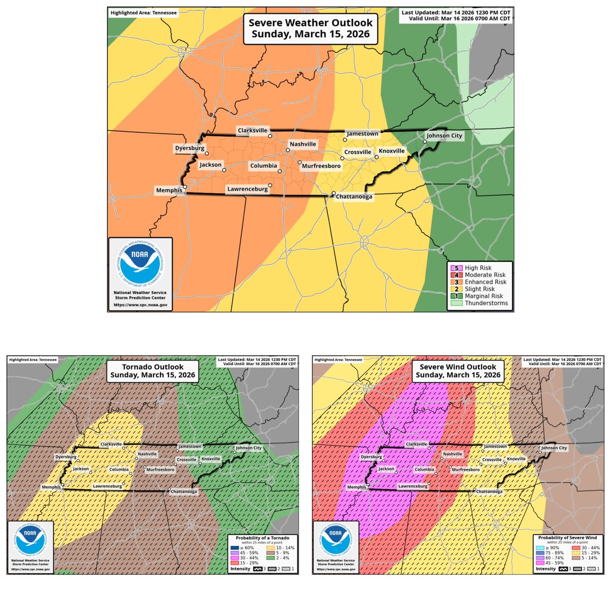 w4qlc's tweet photo. 12PM update. The Storm Prediction Center keeps most of Middle Tennessee under a Enhanced Risk level (3/5) for Sunday March 15. They also introduced a 10% CIG 1  which includes Clarksville, Nashville, Columbia, Lawrenceburg. The damaging wind threat also also increased for portions of Middle Tennessee which includes Clarksville in a 45% CIG 1 for severe winds. 

#tnwx