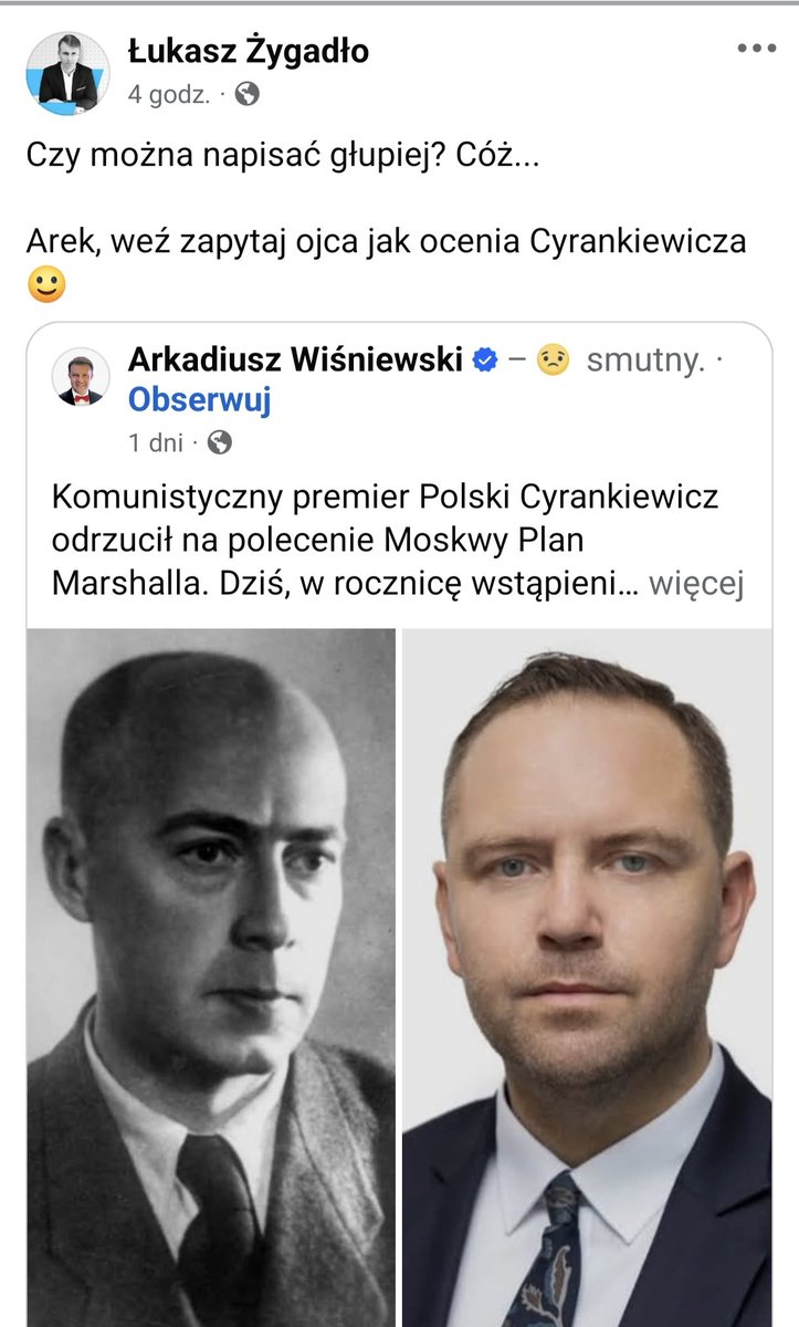 lukaszygadlo's tweet photo. Prezydent Opola Arkadiusz Wiśniewski porównał prezydenta Nawrockiego do Cyrankiewicza. 
Wiśniewski miał ojca w SB 🤣 https://t.co/yWvzJmH8rH