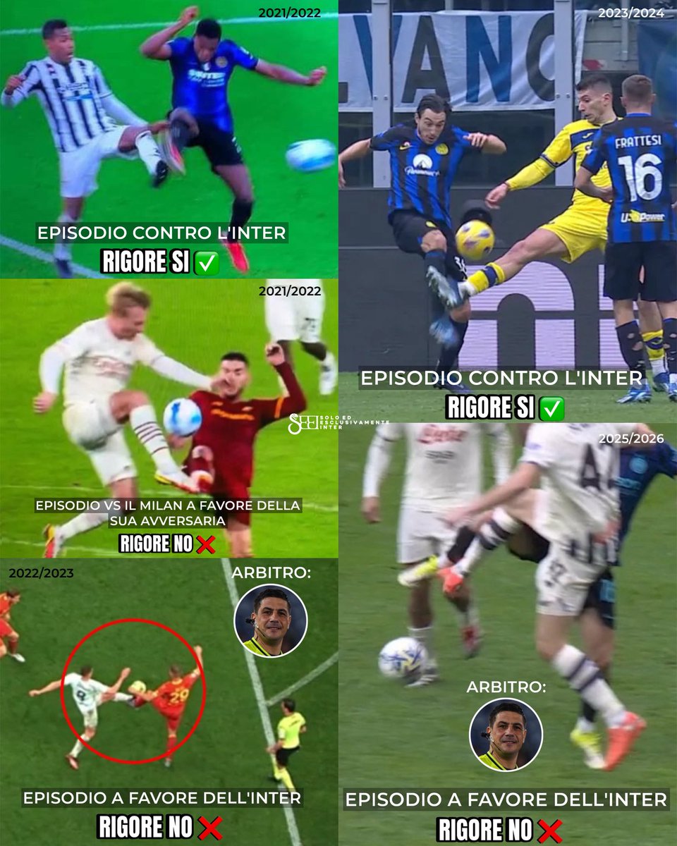 VERGOGNA! È UNO SCHIFO.

Lasciati in balia della malafede, senza protezione. Nemmeno da chi avrebbe il dovere di proteggerci.

I primi due episodi sono della stagione 2021/22. Ennesimo scudetto rubato: con questi episodi tolti due punti all’Inter e dati 2 punti al Milan.
