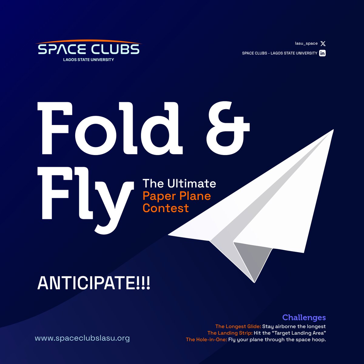 lasu_space's tweet photo. Your primary school paper plane skills have been leading to this moment.

FOLD &amp; FLY is coming!

Think your paper plane is built different?
Prove it.

#FoldAndFly #LASU #STEM #Aviation #Engineering https://t.co/pAd9iP5MXC