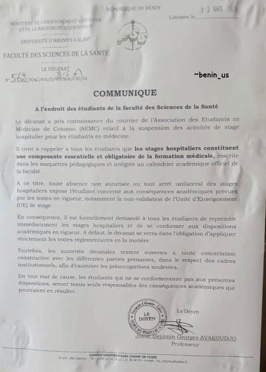 actualites229's tweet photo. 🇧🇯 Suite au communiqué de l'Association des étudiants en Médecine de Cotonou (#AEMC) relatif à la suspension des activités de stags hospitaliers, le doyen de la Faculté des Sciences de la Santé (#FSS) de l’UAC ordonne leur reprise immédiate ⬇️ https://t.co/kJhWgbxEJQ