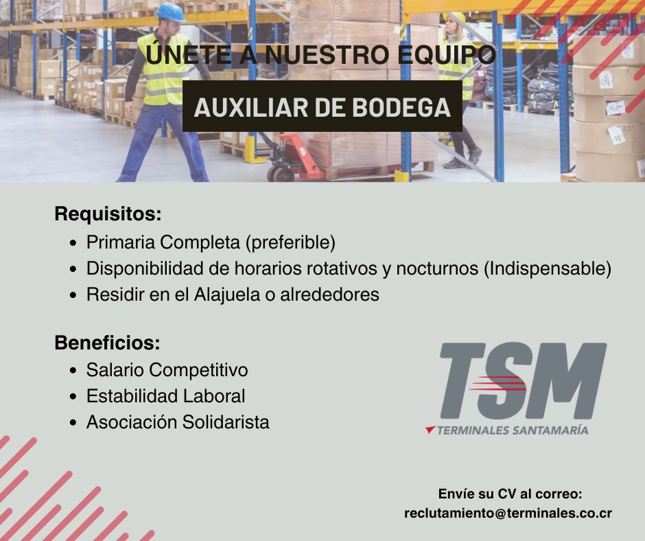 #Empleos506CR #Flores  
TSM requiere "AUXILIAR DE BODEGA", Flores.