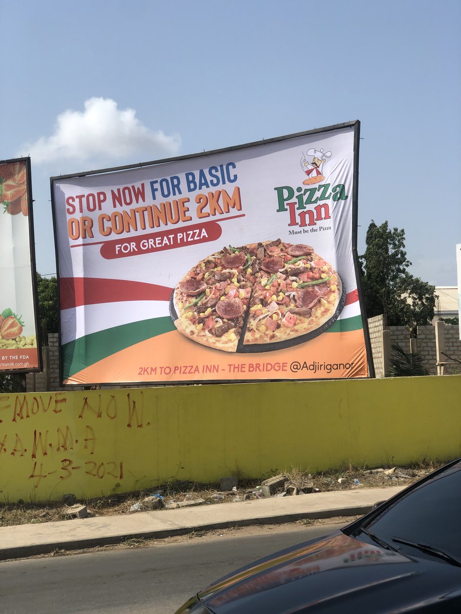 cmjofficial_'s tweet photo. About 5 years ago, when Domino’s opened one of their first locations in Accra we mounted this billboard close-by with a subtle jab to redirect customers to a nearby Pizza Inn branch🤣

We waited and never got a response. We had prepared enough responses to do a back to back ad banter🤣🤣