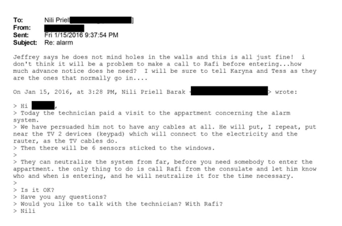 Here is Ehud Barak’s (former Prime Minister of Israel and Head of Mossad) wife emailing Jeffrey Epstein’s assistant about installing cameras and devices inside an Epstein apartment used by Barak and other dignitaries the rest of the year.

A few of the highlights:

-“Jeffrey says
