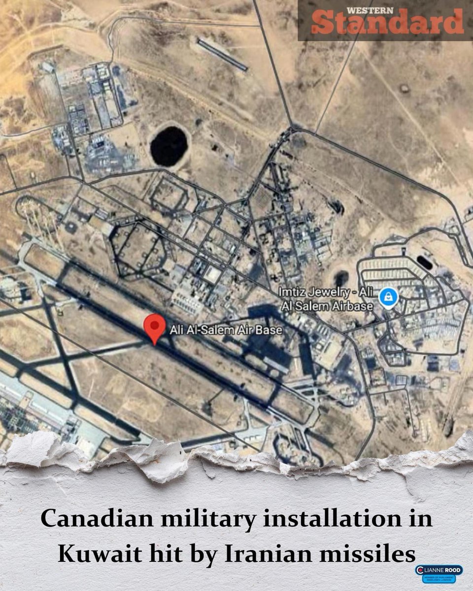 Lianne_Rood's tweet photo. On Saturday, February 28th, Kuwait's Ali Al Salem airbase was struck by Iranian missiles. 

On Thursday, March 12th, it was revealed that Canadian military forces were on that base during the attack. 

Why didn't the government tell us? 

An Italian regiment was also stationed there during the attack. Their Foreign Minister gave a statement the same day. The Italian Prime Minister held a conference call with their security and intelligence officials. 

Why didn't Mark Carney do his job and tell Canadians about this attack? 

This is a gross failure in leadership.

#IranRevolution2026‌ #IranWar‌ #cdnpoli