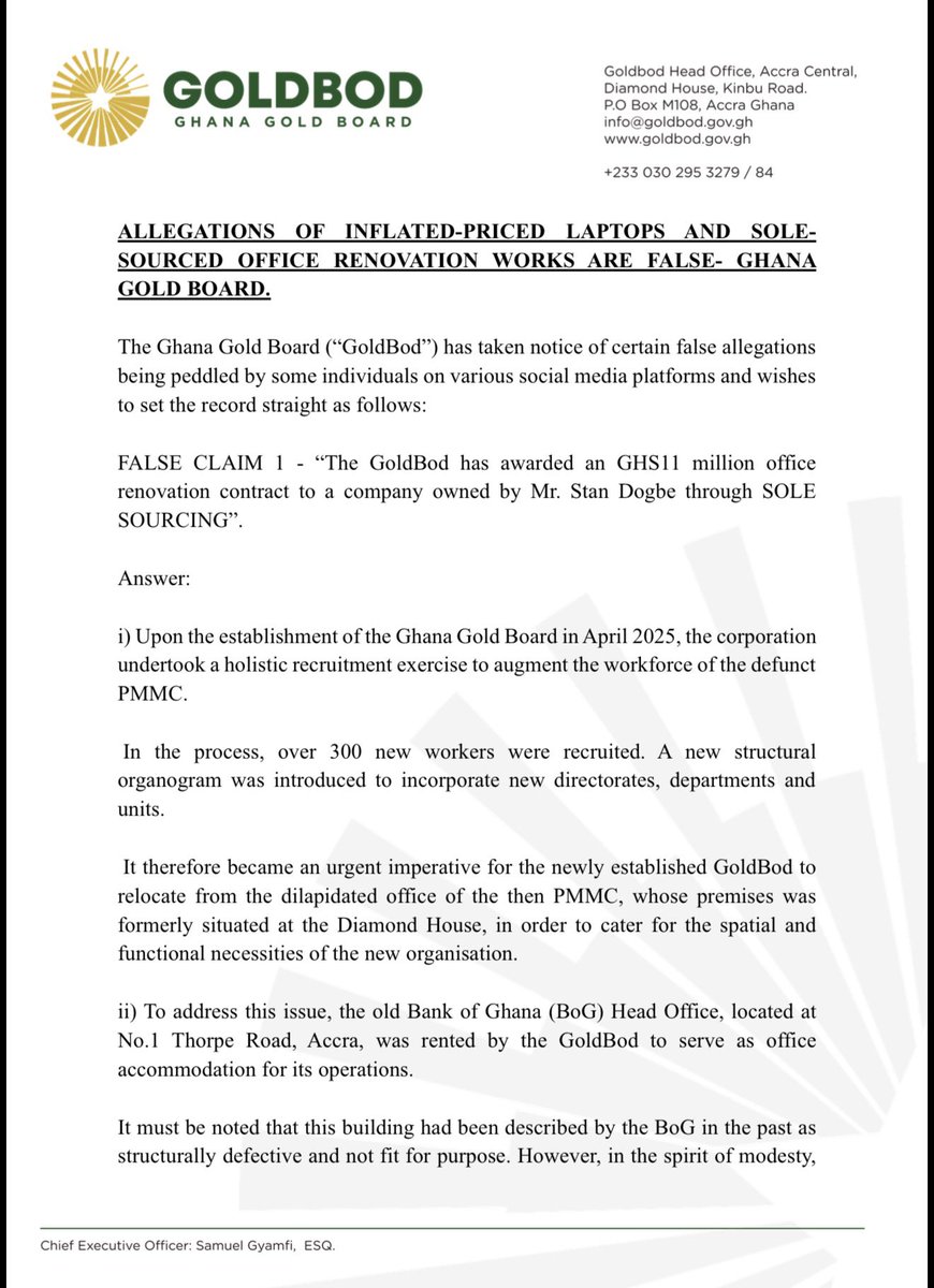 GhanaGOLDBOD's tweet photo. Allegations of inflated-priced laptops and sole-sourced office renovation works are false. https://t.co/ib4P5PWf36