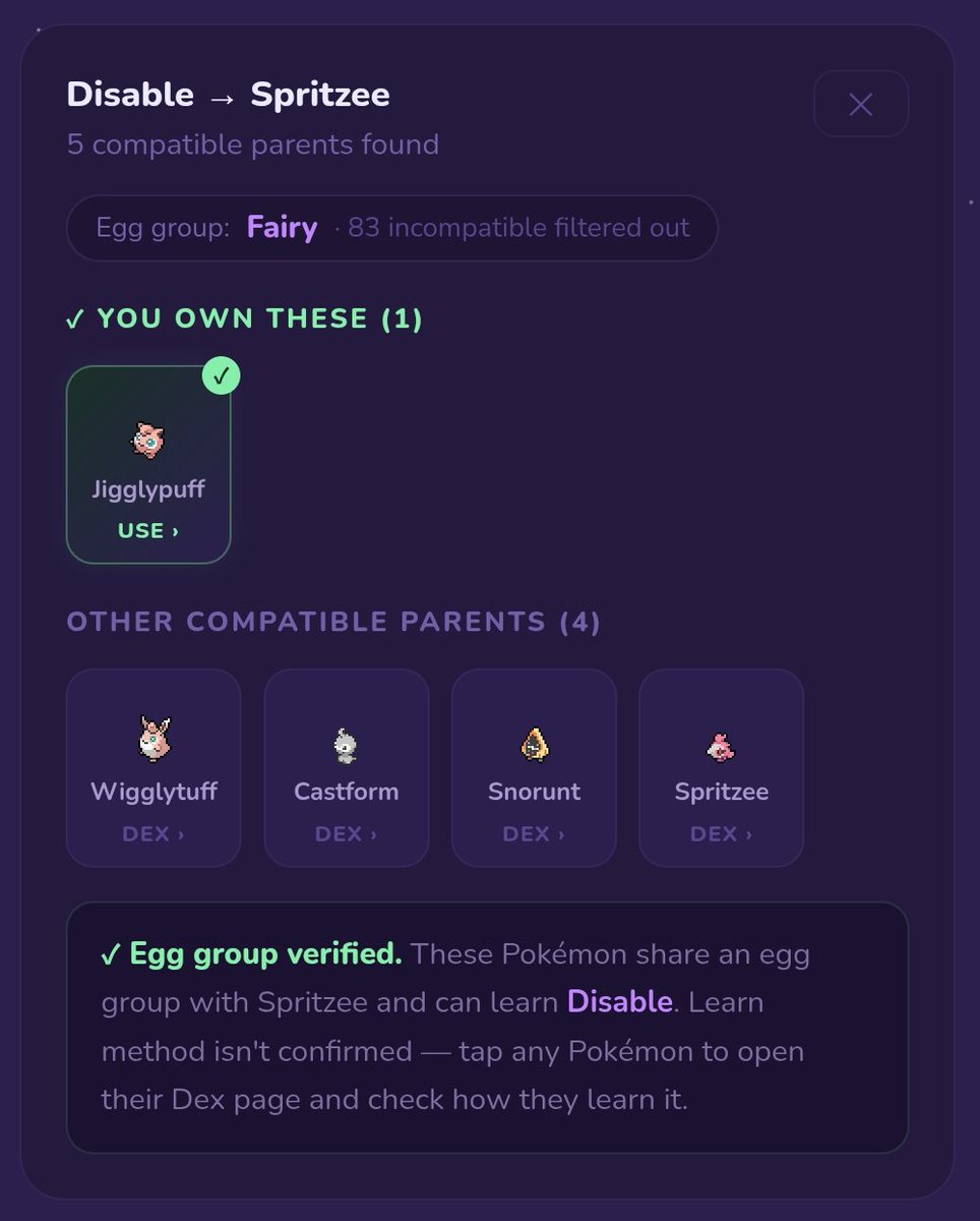 rotomosapp's tweet photo. One thing I really wanted in a Pokemon breeding planner:

Show me parents I already own first!

RotomOS checks your Living Dex and prioritizes compatible Pokémon from your collection.

No more realizing you already had the perfect parent.

#ShinyHunting #Indiedev #Pokemonbreeding https://t.co/1EFX0aeNSb