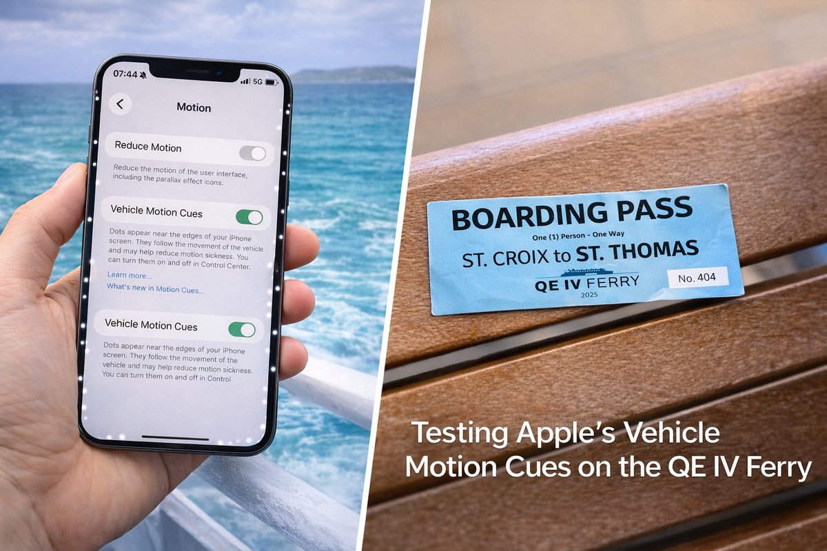 JoshNCampbell's tweet photo. @Apple’s Vehicle Motion Cues reduces motion sickness when using your device in a moving vehicle. Today I’m testing it somewhere unexpected…on the QE IV ferry from St. Croix to St. Thomas. #accessibility 

Curious if it actually works on the ocean 🌊 : https://t.co/ZrQcEi4sst https://t.co/xhOZjMJqsF