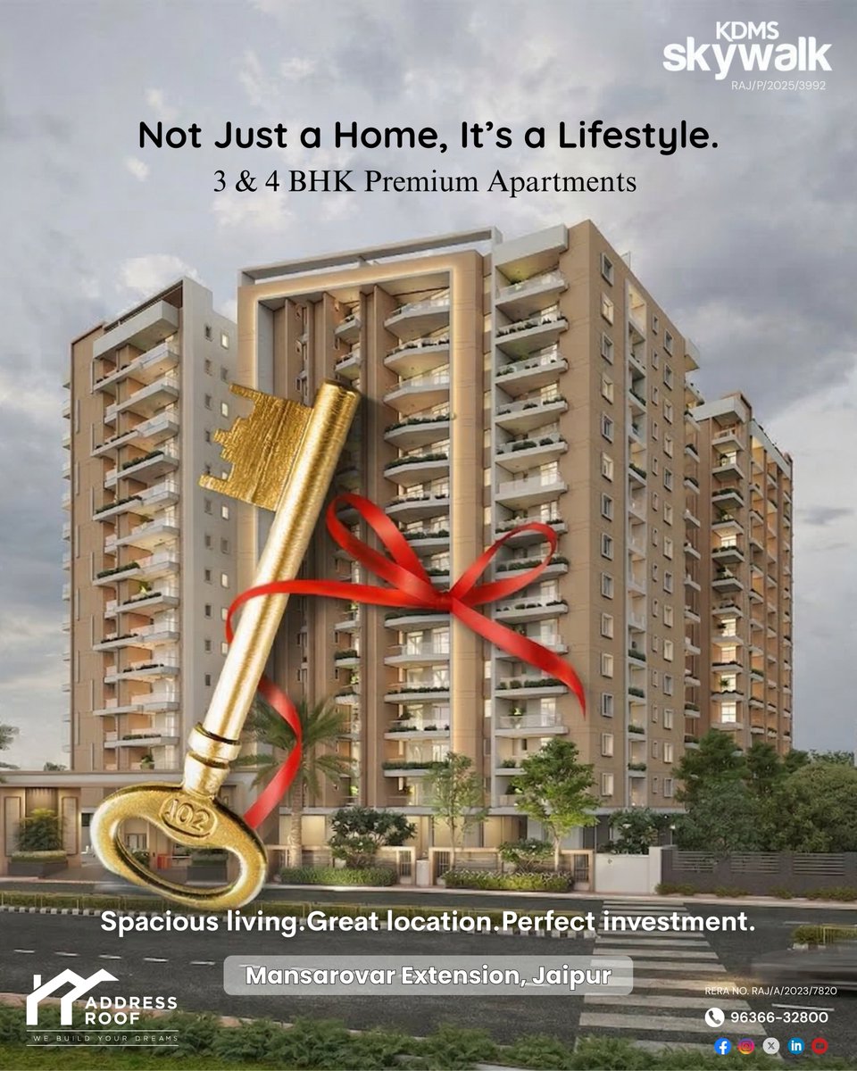 AddressRoof's tweet photo. Your dream home is waiting at #KDMSSkywalk ✨

Experience luxury 3 &amp; 4 BHK living in the heart of Mansarovar Extension, Jaipur — where comfort, style, and location come together to create the perfect lifestyle.

📞Call now: 96366-32800
#JaipurRealEstate #3BHKJaipur #4BHKJaipur https://t.co/Gp9XBvi3SV