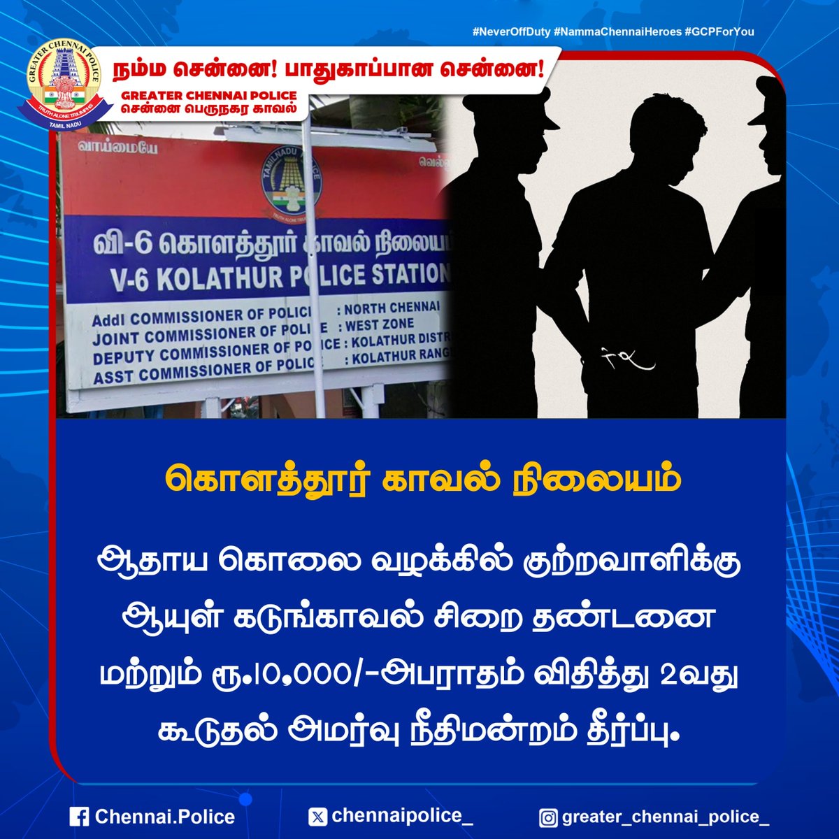 chennaipolice_'s tweet image. கொளத்தூர் காவல் நிலையம் 

ஆதாய கொலை வழக்கில் குற்றவாளிக்கு ஆயுள் கடுங்காவல் சிறை தண்டனை மற்றும் ரூ.10,000/-அபராதம் விதித்து 2வது கூடுதல் அமர்வு நீதிமன்றம் தீர்ப்பு.

#Kolathur #conviction #GCP #ChennaiPolice #Arrest