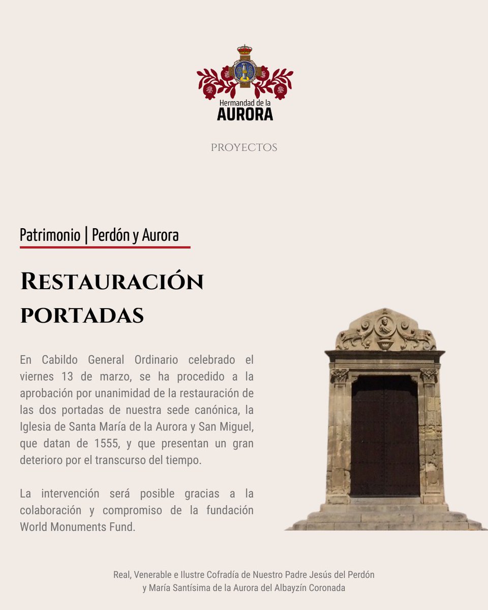 PerdonAurora's tweet photo. #Patrimonio ⛪️ | Informamos que en el Cabildo General Ordinario celebrado ayer viernes 13 de marzo, se aprobó por unanimidad la restauración de las dos portadas de nuestra sede canónica, la Iglesia de Santa María de la Aurora y San Miguel.

🪡👇🏻 https://t.co/ILHwWb31Mh