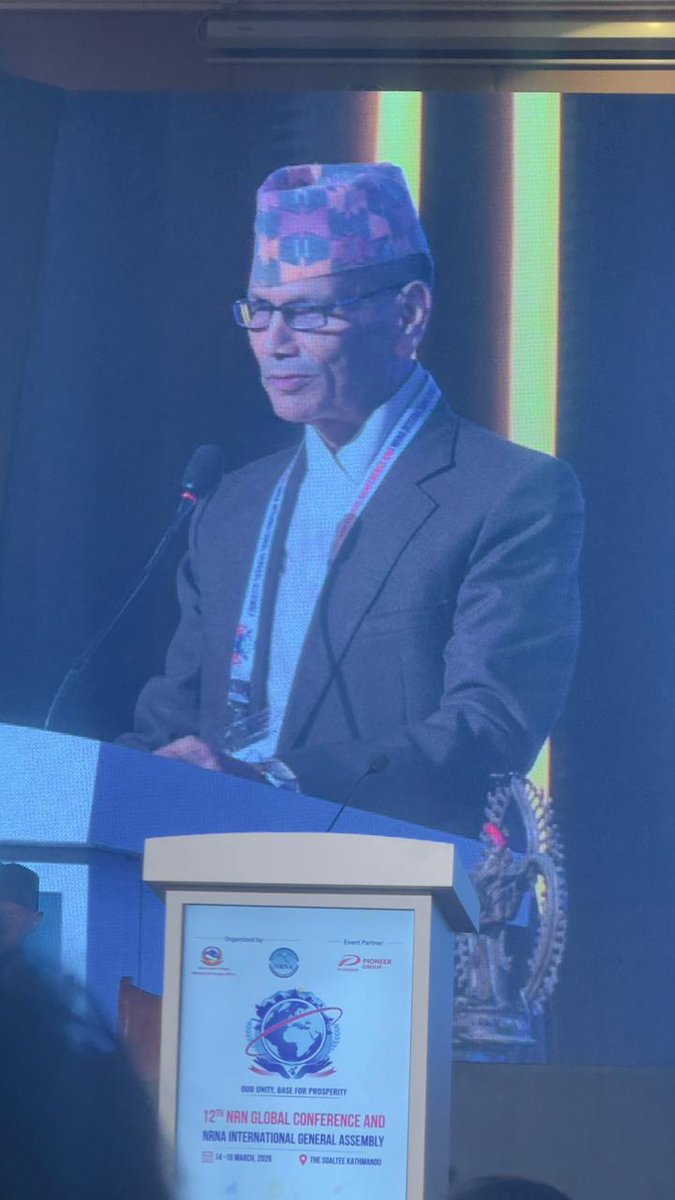 MofaNepal's tweet photo. Hon. Foreign Minister Mr. Bala Nanda Sharma chaired the Inaugural Session of the 12th NRN Global Conference and the NRNA International General Assembly held in Kathmandu today.

On the occasion, the Hon. Minister highlighted the importance of mobilising the knowledge, skills, capital, and resources of Non-Resident Nepalis (NRNs) for the socio-economic development of Nepal.

The Hon. Minister also appreciated the NRNA for its contributions to protecting and promoting the interests of Nepali nationals abroad, including in the context of the ongoing conflict in West Asia.

The Minister underlined the importance of upholding the hard-earned unity of the organisation and extended his best wishes for the successful holding of the NRN Convention, expressing hope that it would further strengthen unity, harmony and cooperation among the Nepali diaspora in pursuit of its founding goals.

The three-day NRNA Convention is scheduled to conclude with the election of a new NRNA International Coordination Council (ICC) and the adoption of the ‘Kathmandu Declaration’.

@amritrai555 
@lokbchhetri