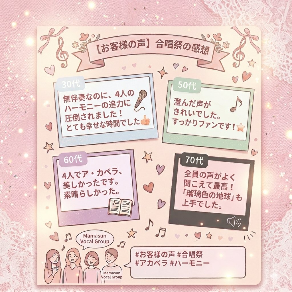 mamasun2011's tweet photo. 先月、愛川町合唱祭の振り返りの会議がありました🎶

アンケートでは
「4人のハーモニーに圧倒された」
「とても幸せな時間でした」
など嬉しい言葉をたくさんいただきました💖

こうした言葉がまた頑張る力になります✨
♪mama sun♪
今年も頑張ります😆

#愛川町合唱祭 #合唱 #コーラス https://t.co/bOD0q8ovad