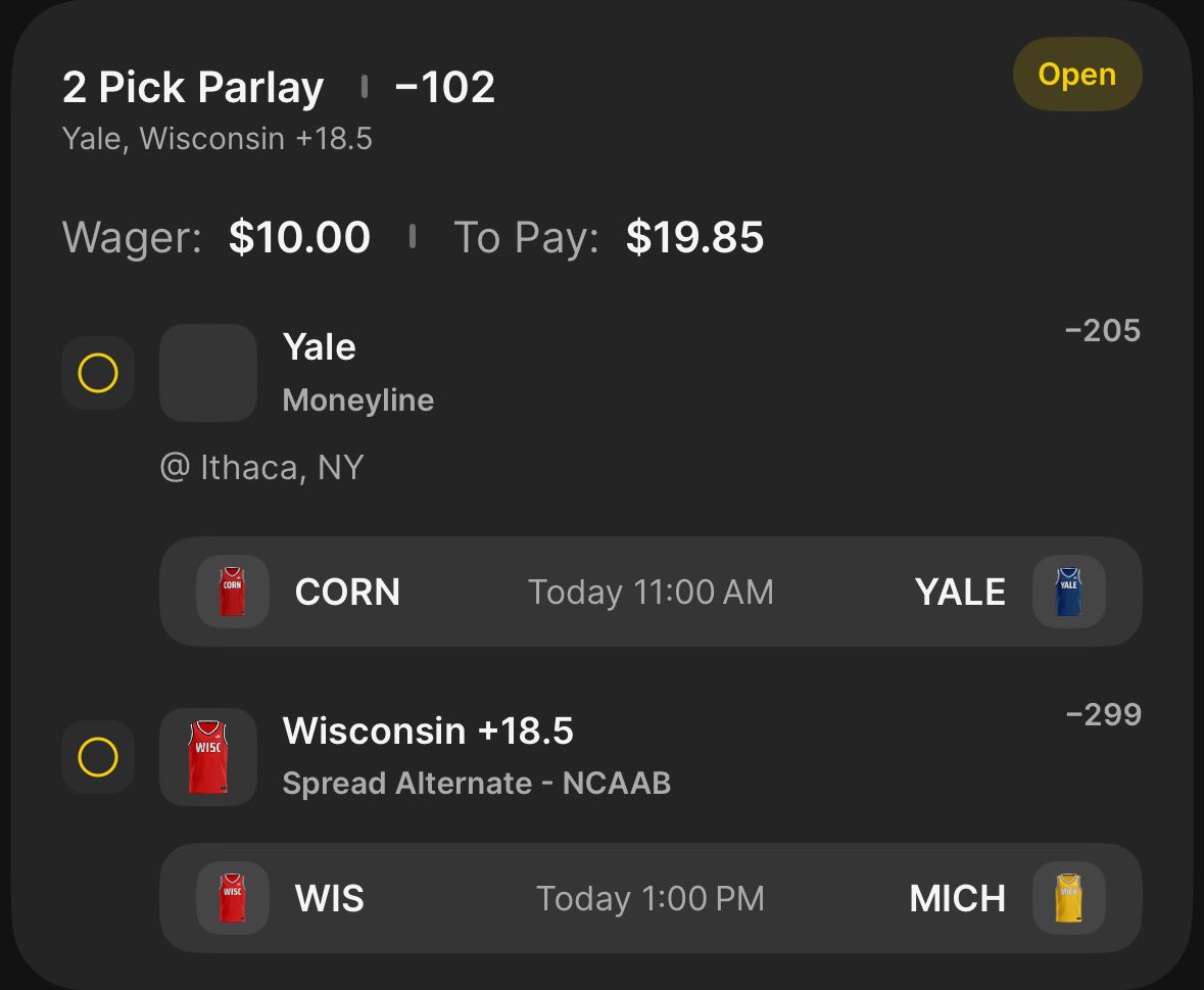 EricGamblezz's tweet image. 🪜LADDER CHALLENGE🪜
$10➡️$10,000 IN 10 PLAYS💰

- PLAY 1 -
🏀 Yale ML
🏀 Wisconsin +18.5
(-102) $10➡️$19.85

We Are Completing 2 Today…
Not Hiding It, We Have Sucked❌
Let’s Climb NOW🤑
#GamblingX #LadderChallenge