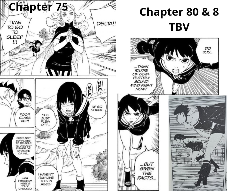 In Chapter 75, Sumire looked exhausted while running after Delta. But once she realized Boruto was in danger, she ran with full strength, not just running, but also explaining the situation as she went, and she didn’t seem tired at all. And in the BTV era, she also ran toward
