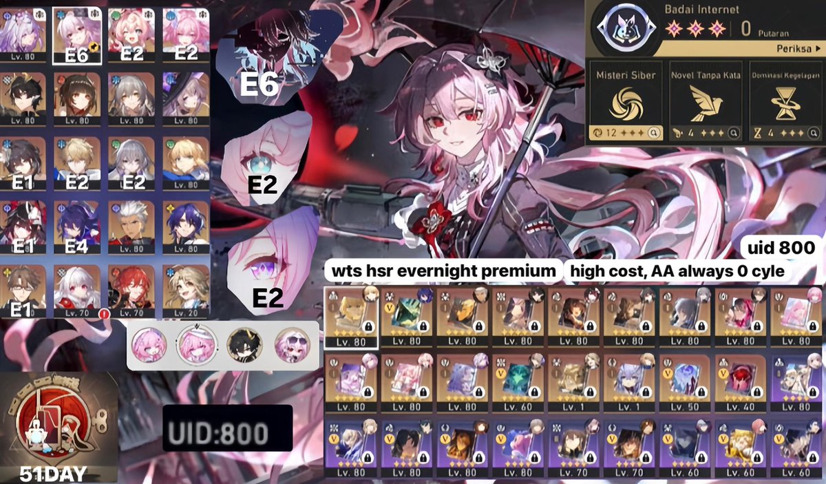 zzenin's tweet photo. hii, wts my account
- Evernight E6
- Cyrene E2
- Hyacine E2
- RuanMei E1
- Sparkle E1
- Seele E4
- Bronya E2
- Gepard E2 
Ezz endgamee AA,MoC,PF,Apoc
Allset
Invoice ada
9 sign
UID 800 cocok buat koleksi uid🫶🏻🫶🏻
if u interested can dm yaa!!
Prize : 3000k negotiable https://t.co/p4V95AcImk