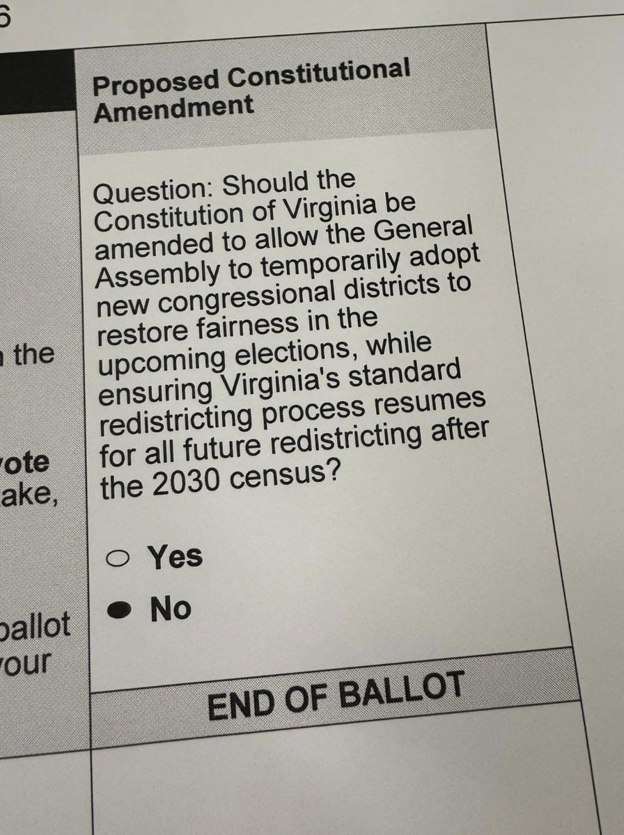 🚨VIRGINIA: I am urging my fellow Virginia residents to pay attention to this. You have until April 21st to vote NO on this insane Democratic power grab. Don’t allow their clever wording at the ballot box trick you. 

Here’s the truth:  Democrats already have a 6-5 hold on the