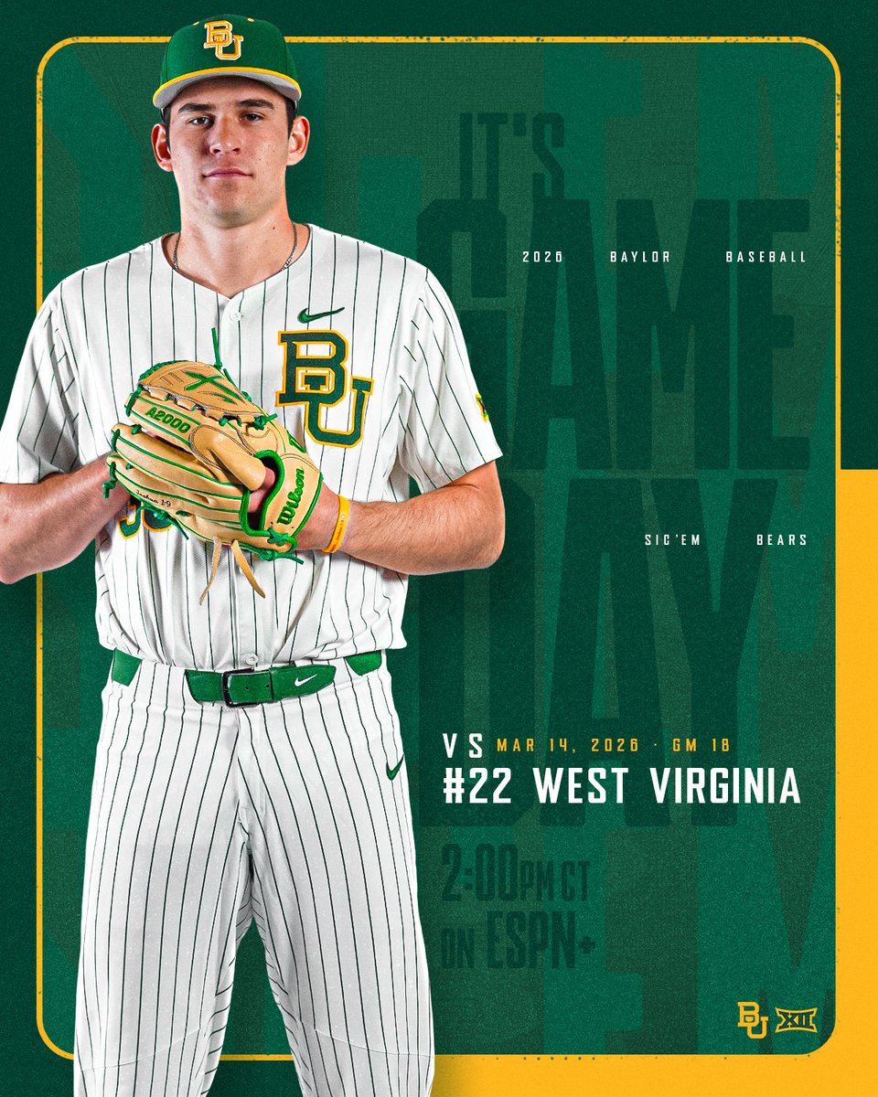 BaylorBaseball's tweet photo. Do it again 😤

🆚 No. 22 West Virginia
⏰ 2:00 p.m. CT
📍 Waco, Texas
🏟 Magnolia Field at Baylor Ballpark
🔰 Fathers &amp; Sons Day
🔗: https://t.co/NZ9bpwzOCu

#SicEm 🐻⚾️ | #Together https://t.co/X9jqL4PqJi