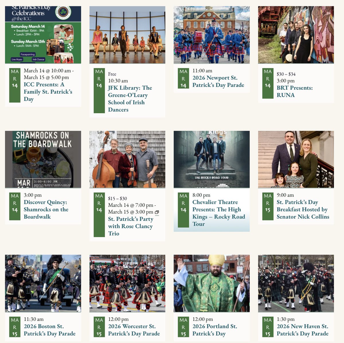 TheBostonIrish's tweet photo. Just a snapshot of #irishmusic #stpatricksdayparades, and Irish events this weekend in #newengland. See full calendar here. https://t.co/HN8ZRIpRHz #meetboston @IrishCultureBos #JFKLibrary @BRTRiverfolk @DscvrNewport @DiscoverQuincy @VisitCapeCod @TheChevalierMA #southboston @ParadeBoston @TweetWorcester @visitmaine @VisitCT @TheHighKings