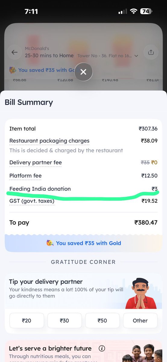 RoutCool's tweet photo. @zomato 
I was going to place one order and when I saw the billing list what is this ‘Feeding India Donation’ 3 rupees.. without customer permission why are adding into the bill ? https://t.co/Df1UsjJbKL