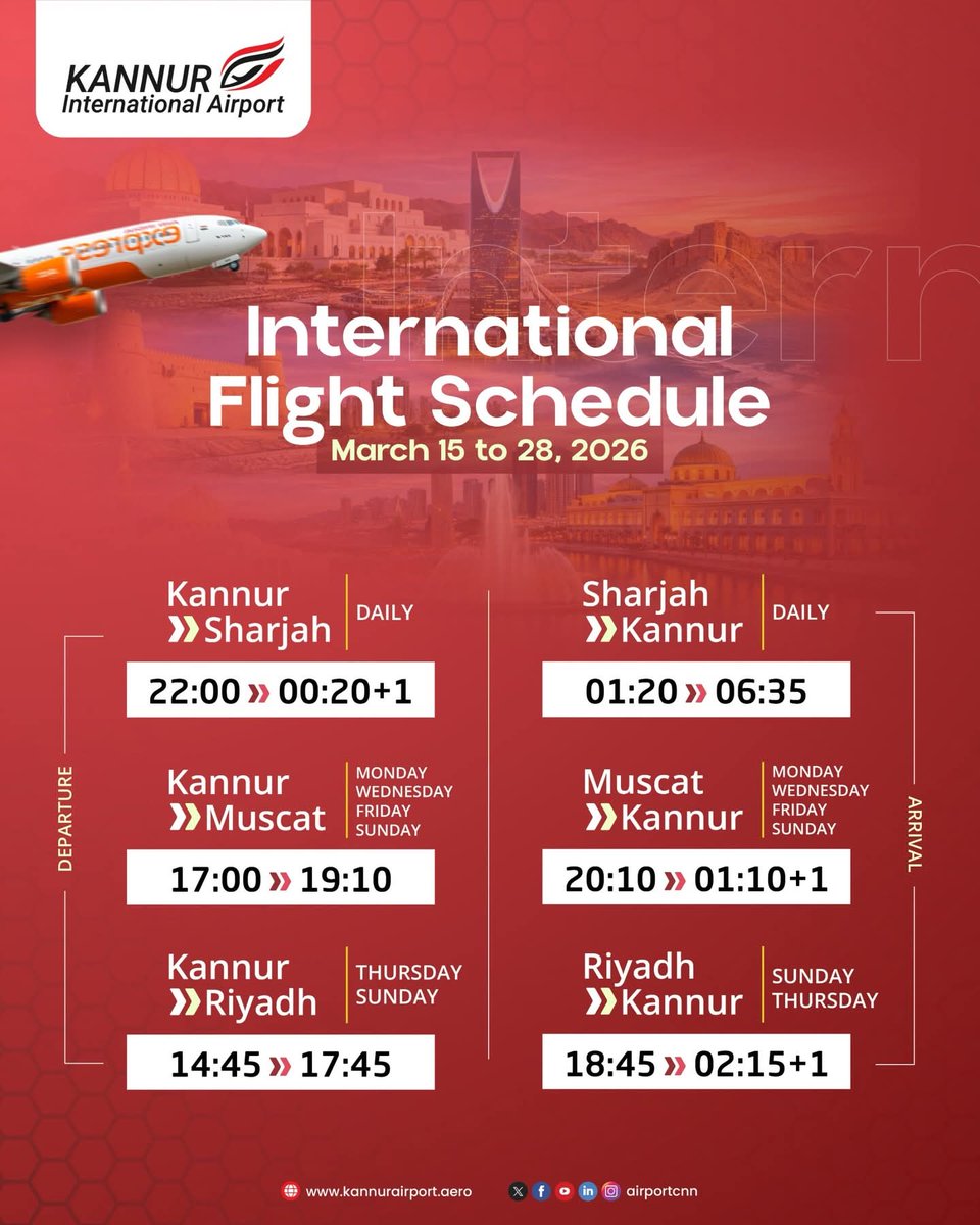 CNN International Flight Schedule : 
Post by KIAL for Travel between March 15 to 28, 2026

#kannurairport #kannurinternationalairport #airportCNN #vokncnn