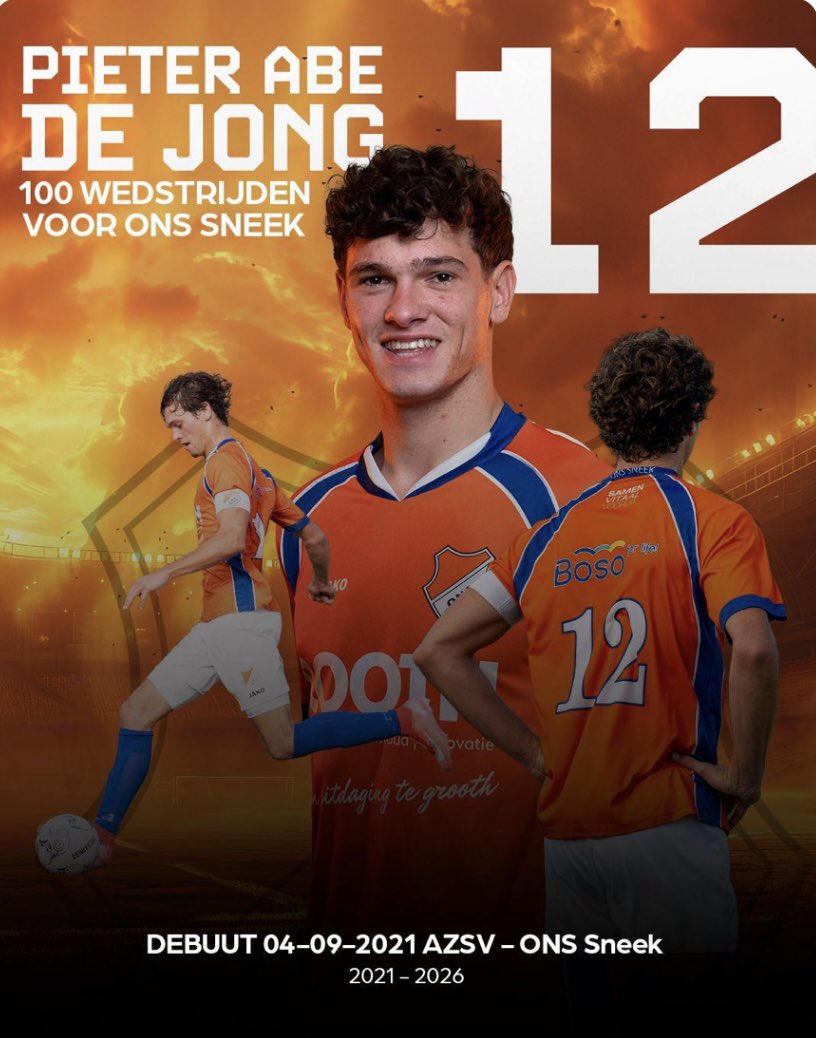 ONSSneek's tweet photo. Gefeliciteerd Pieter Abe de Jong met je 100ste wedstrijd voor @ONSSNEEK veel plezier vandaag en knallen maar! #onsfle https://t.co/v8xV6U88Mu