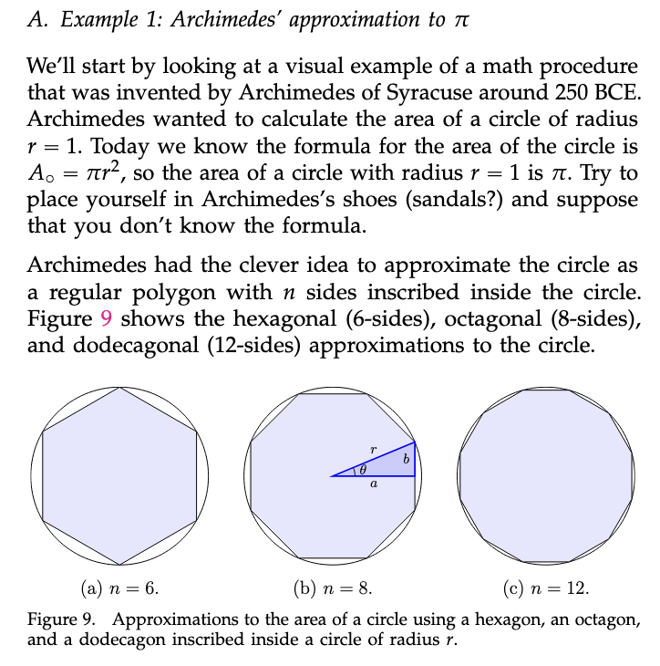 ivansavz's tweet photo. Archimedes' approximation to π from 250 BCE:
Split the area of a circle into triangles, calculate the area of the triangles, and add them.

It probably took Archimedes days to compute all the triangle areas; we can do it more easily in Python today ;) #calculus #PiDay #Python https://t.co/szt9vIH7kx