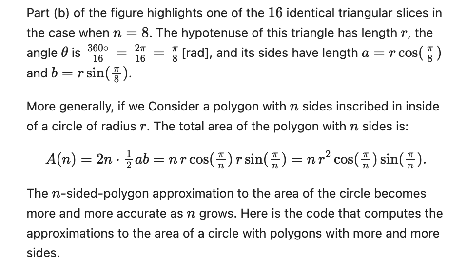 ivansavz's tweet photo. Archimedes' approximation to π from 250 BCE:
Split the area of a circle into triangles, calculate the area of the triangles, and add them.

It probably took Archimedes days to compute all the triangle areas; we can do it more easily in Python today ;) #calculus #PiDay #Python https://t.co/szt9vIH7kx