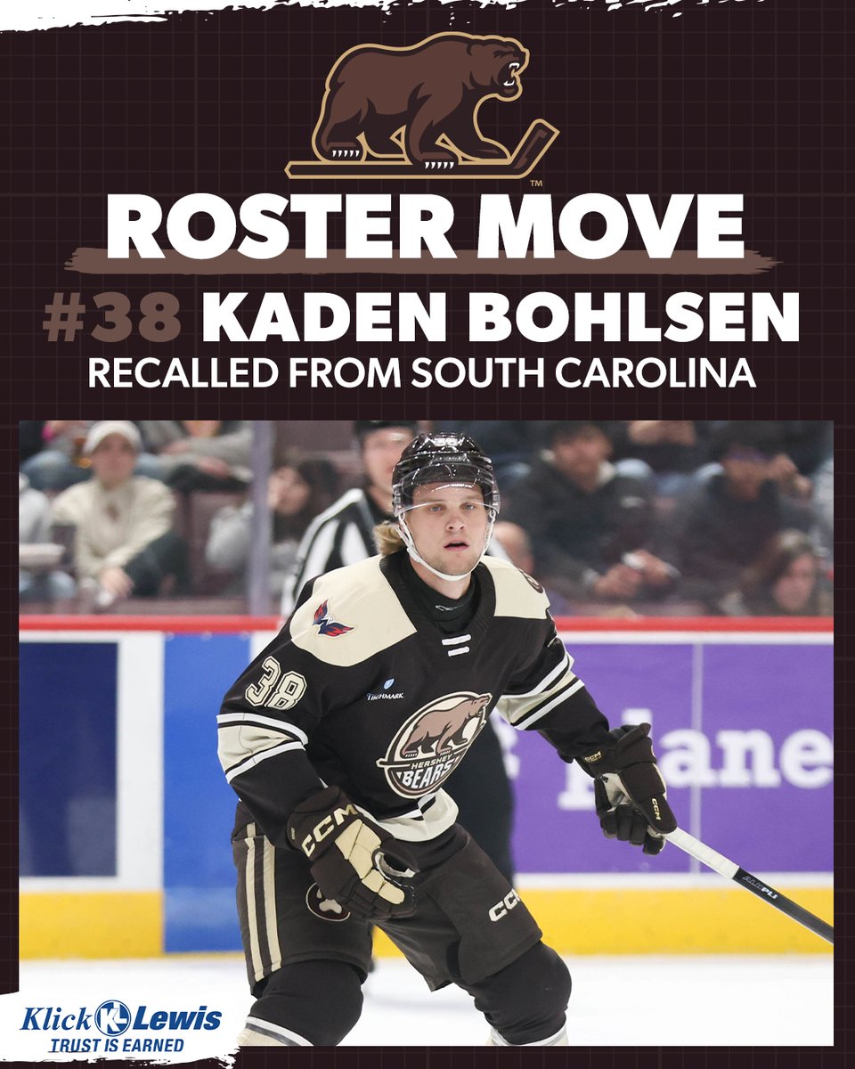 TheHersheyBears's tweet photo. We have recalled forward Kaden Bohlsen from the @SCStingrays.

📰 https://t.co/WsMViZ6xNz

Klick Lewis | Players on the Move https://t.co/KrITVoI0qV