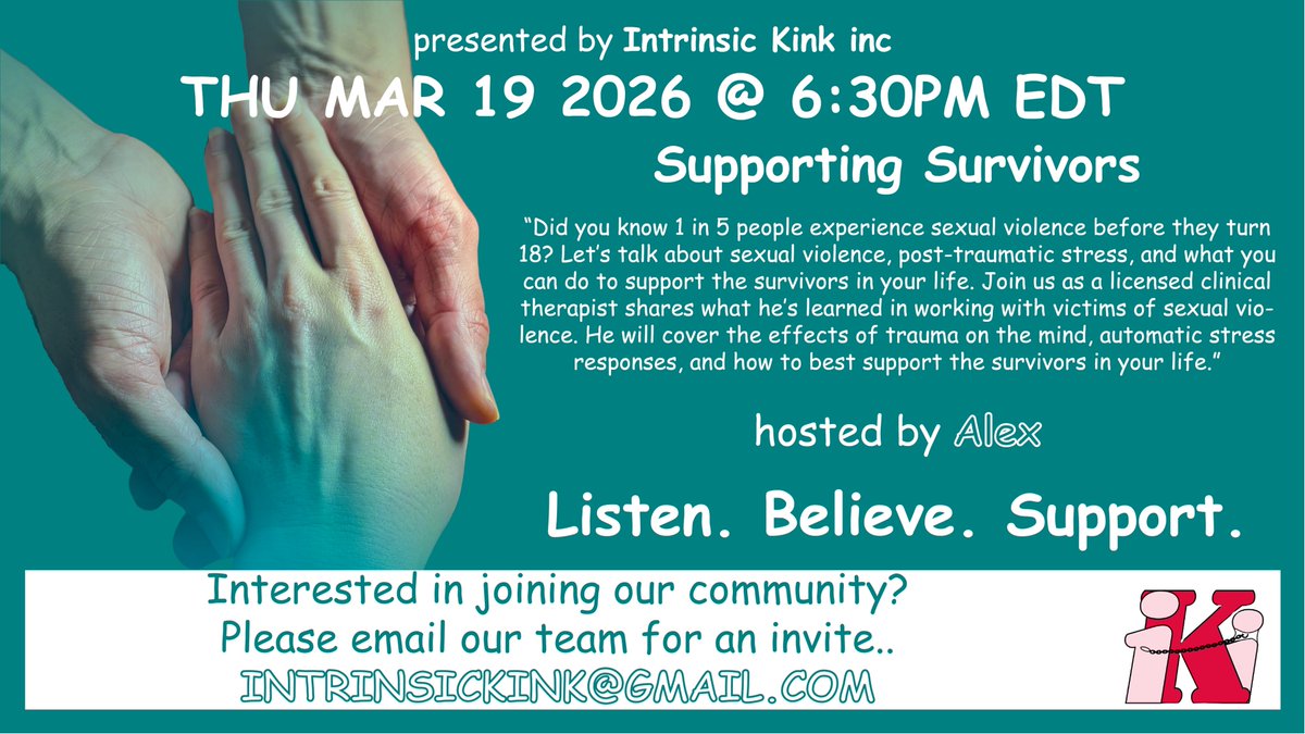 IntrinsicKink's tweet photo. This week on iKi. Let’s talk about sexual violence, post-traumatic stress, and what you can do to support the survivors in your life. March 19 on our Discord. Also check out great content from our Pros @IsabellaDollish and @ChatonNyx https://t.co/ehRg38njkr