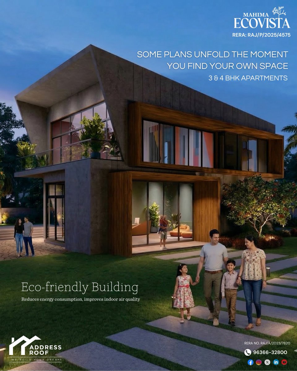 AddressRoof's tweet photo. Welcome to #MahimaEcovista — thoughtfully designed 3 &amp; 4 BHK apartments where eco-friendly living meets modern comfort. Experience a home that enhances well-being, air quality, and sustainable living for your family.

📞 Book your site visit today: 96366-32800
#JaipurRealEstate https://t.co/jS7MXWxjqp