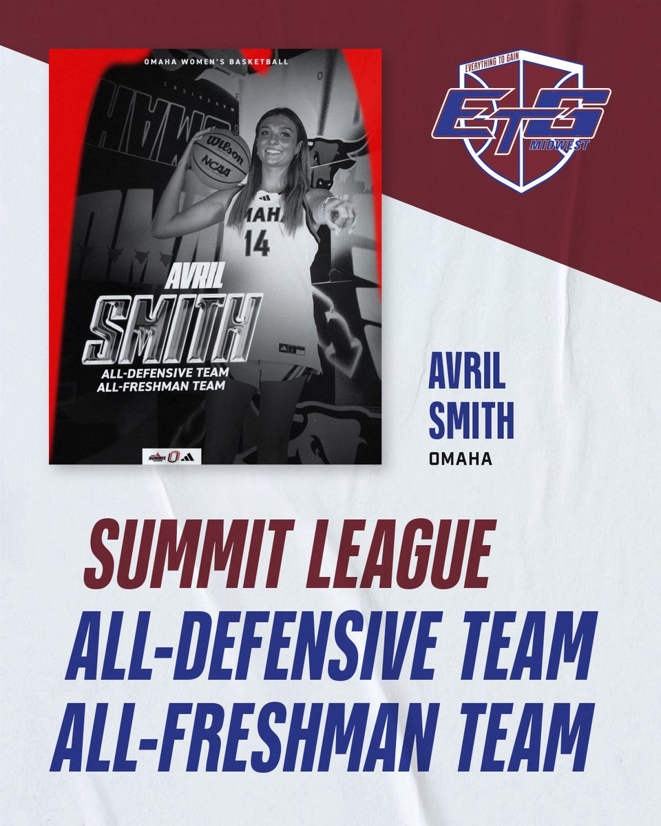 ETGmwgbb's tweet photo. Congratulations to @AvrilaSmith on a fantastic freshman season at Omaha! 🏀🔥
🛡 Summit League All-Defensive Team
⭐ Summit League All-Freshman Team
Well deserved recognition and just getting started! 🌟
#SummitLeague #AllFreshmanTeam https://t.co/8EKhLkkUSS