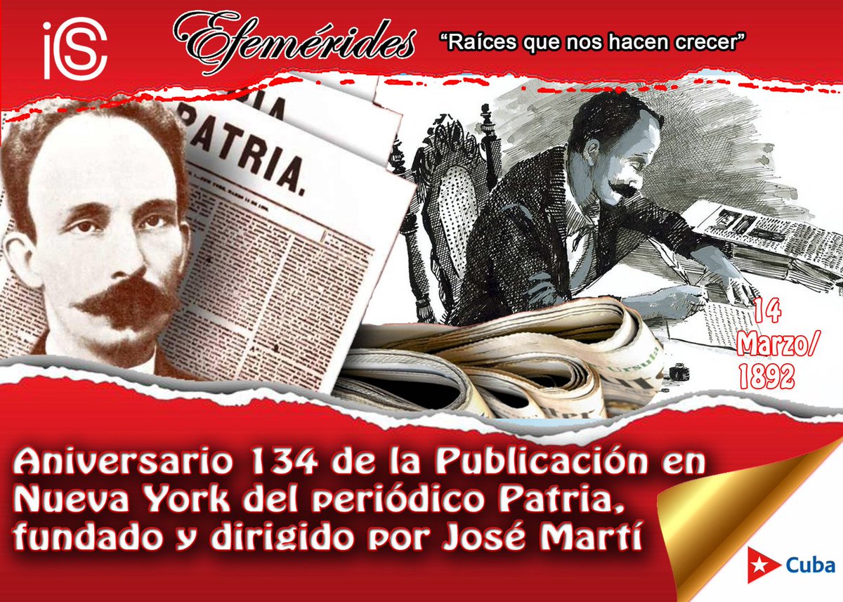 📰El Periódico Patria fue gestado por José Martí para impulsar el propósito del Partido Revolucionario Cubano de alcanzar la total independencia de Cuba y Puerto Rico.

🎊En honor al aniversario fundacional de “Patria” en Cuba se celebra el Día de la Prensa. Muchas felicidades.
