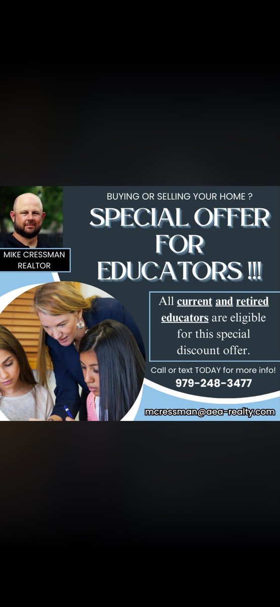Cressman23's tweet photo. ‼️TEACHERS- THIS IS FOR YOU‼️

One short phone call can save you and your family a lot of $$$$$ on your next home. 🏠

Message me today for more info!!!  

Mike Cressman
REALTOR 
mcressman@aea-realty.com https://t.co/QbupuDHmI6