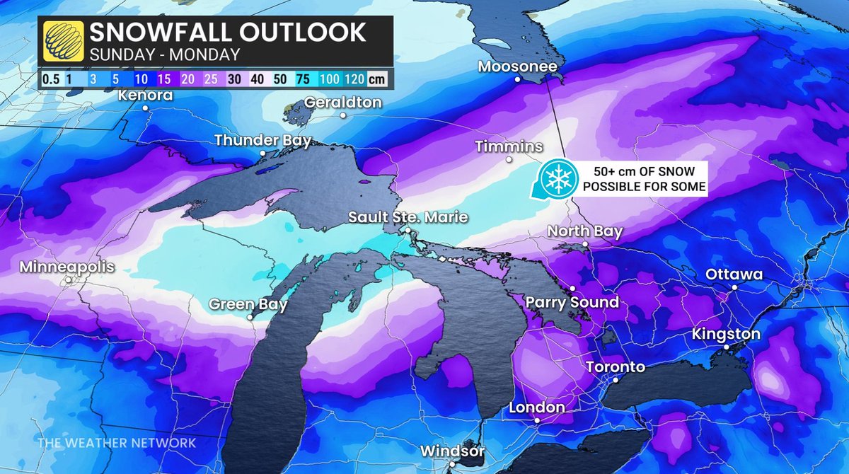 Locales such as Chapleau and Timmins could see 40-50+ cm of snow by Monday night. 30+ cm expected in areas like Kapuskasing and Sudbury. Avoid travel on highways 11, 17, 101, 129, 144, 631 through much of Monday. Road closures likely. #ONstorm #ONwx theweathernetwork.com/en/news/weathe…