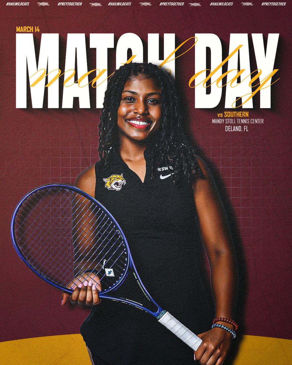 Hosting the Jags! 😼 

🆚 Southern
⏰ 2pm EST

📍 DeLand, FL
🏟️ Mandy Stoll Tennis Center

#𝙃𝙖𝙞𝙡𝙒𝙞𝙡𝙙𝙘𝙖𝙩𝙨 | #𝙋𝙧𝙚𝙮𝙏𝙤𝙜𝙚𝙩𝙝𝙚𝙧