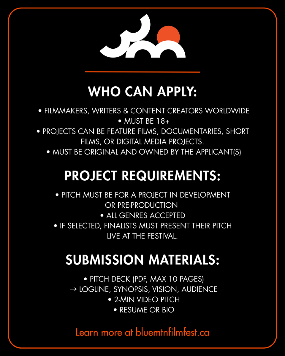 BlueMtnFilmFest's tweet photo. Think your film idea is worth backing? Prove it! Submissions are now open for the BMFM Pitch Competition. Bring your story to the mountain and present it to industry professionals. Apply now! https://t.co/UGDkGnYbuD https://t.co/D0GtItPoWF