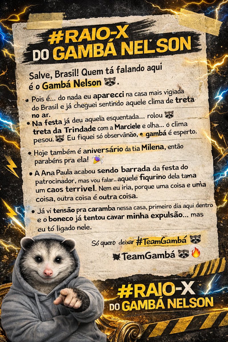 GambaNelsonBBB's tweet photo. RAIO X de hoje 14/03/26
#teamgamba 🦨
#redebbb #bbb26 #gamba #bigbrotherbrasil https://t.co/f3uto1GpJn