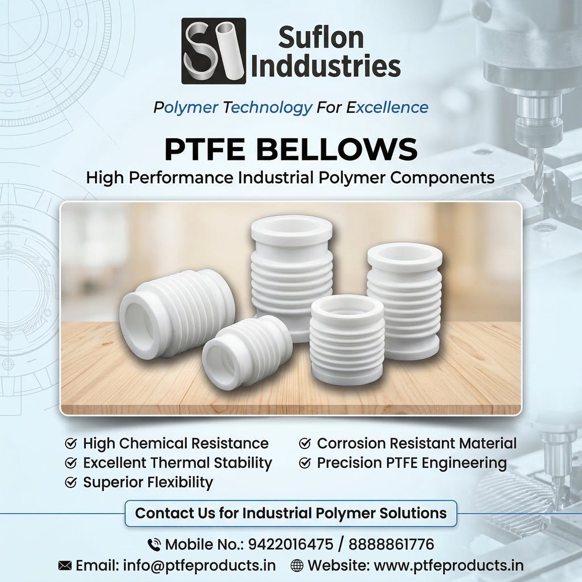 ptfeproducts's tweet photo. Looking for reliable and high-performance PTFE bellows?

Suflon Industries provides precision-engineered PTFE Bellows designed to handle extreme temperatures, aggressive chemicals, and demanding industrial conditions.

📞 Contact us today: 9422016475 / 8888861776 https://t.co/F9GscgjIDC