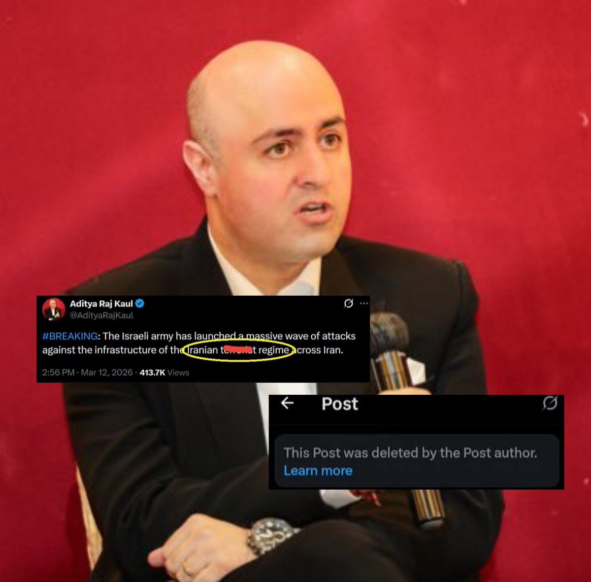 shaal_09's tweet photo. This @AdityaRajKaul  bootlicker journalist called iran a terrorist state. when people tagged iranian officials, he quickly deleted the tweet 😂😂

  #UBSTrailer #Irán #IsraeliCrimes #IndianMedia https://t.co/4f8D66GV5h