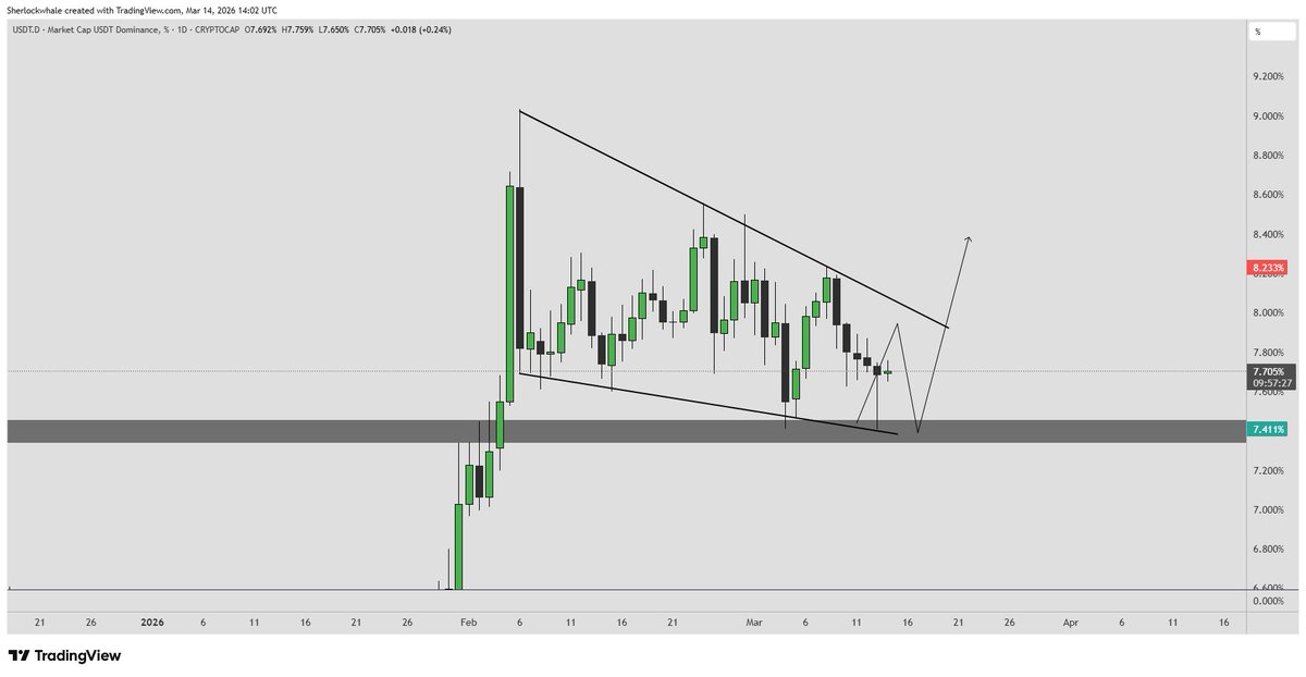 Sherlockwhale's tweet photo. How long before USDT dominance breaks out of this falling wedge and continues the trend?

Dominance has been consolidating inside this wedge since the start of Feb and the trendlines converge around FOMC next week.

Oil up 30% in a month. CPI came in hot. GDP revised down from 1.4% to 0.7% yesterday. So, the Fed has zero reason to cut.

No rate cut = no new liquidity. No liquidity = no bid for Bitcoin

The people buying Bitcoin at $70K right now are about to learn a very expensive lesson.

$60K again before the end of March.