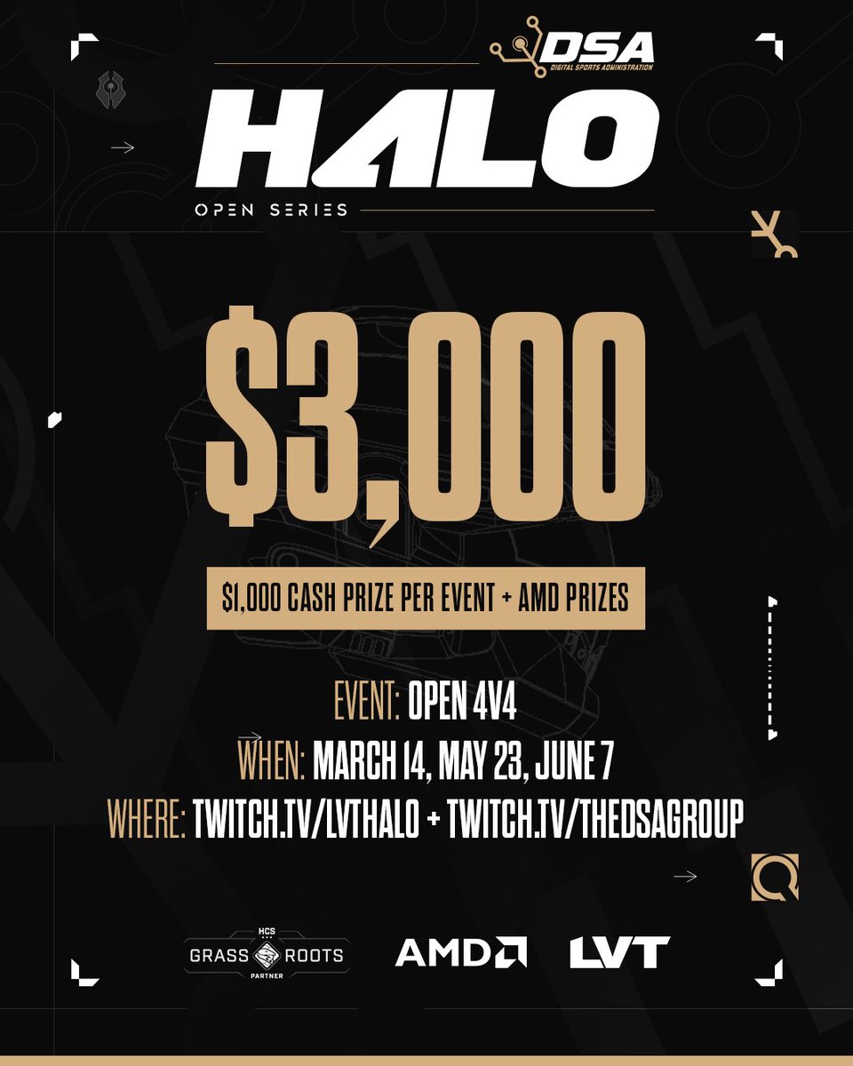 Only ONE hour left to sign-up for the DSA Halo Open Series #1

🔸All fully registered participants are entered into a raffle for the <a href="/AMD/">AMD</a> Radeon RX 9070 XT GPU 

Register here:
bit.ly/dsa_open_serie…

Watch Live with <a href="/LVTHalo/">LVT Halo</a>: 
Twitch.tv/LVTHalo

Twitch.tv/TheDSAGroup