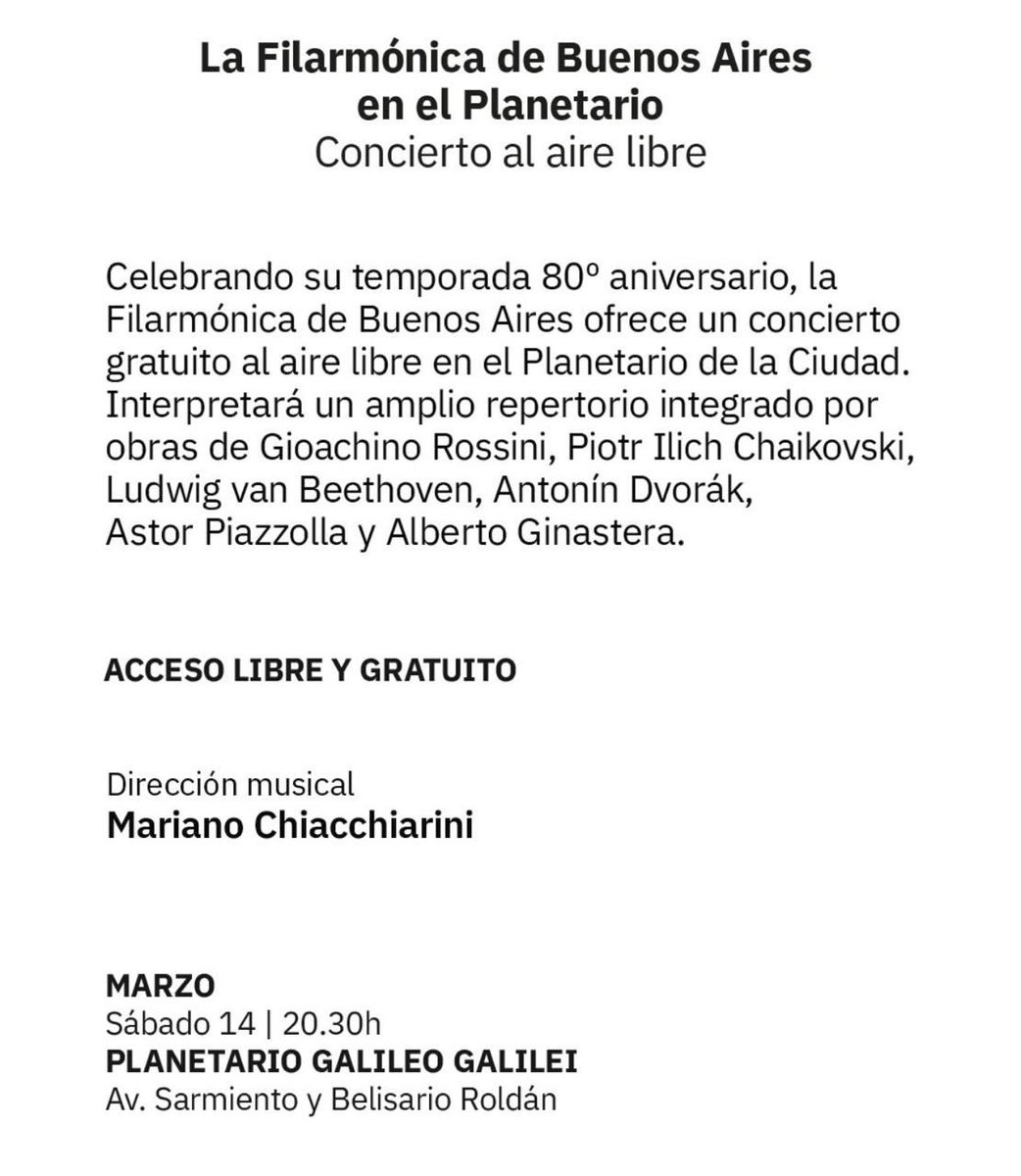 EL COLON EN EL PLANETARIO!
Programón para esta noche: la Filarmónica de Buenos Aires dará un concierto gratuito al aire libre, con obras de Beethoven, Ginastera y Piazzolla. A las 20.30, en el parque del Planetario. Seguimos acercando la cultura a más gente. Los esperamos!