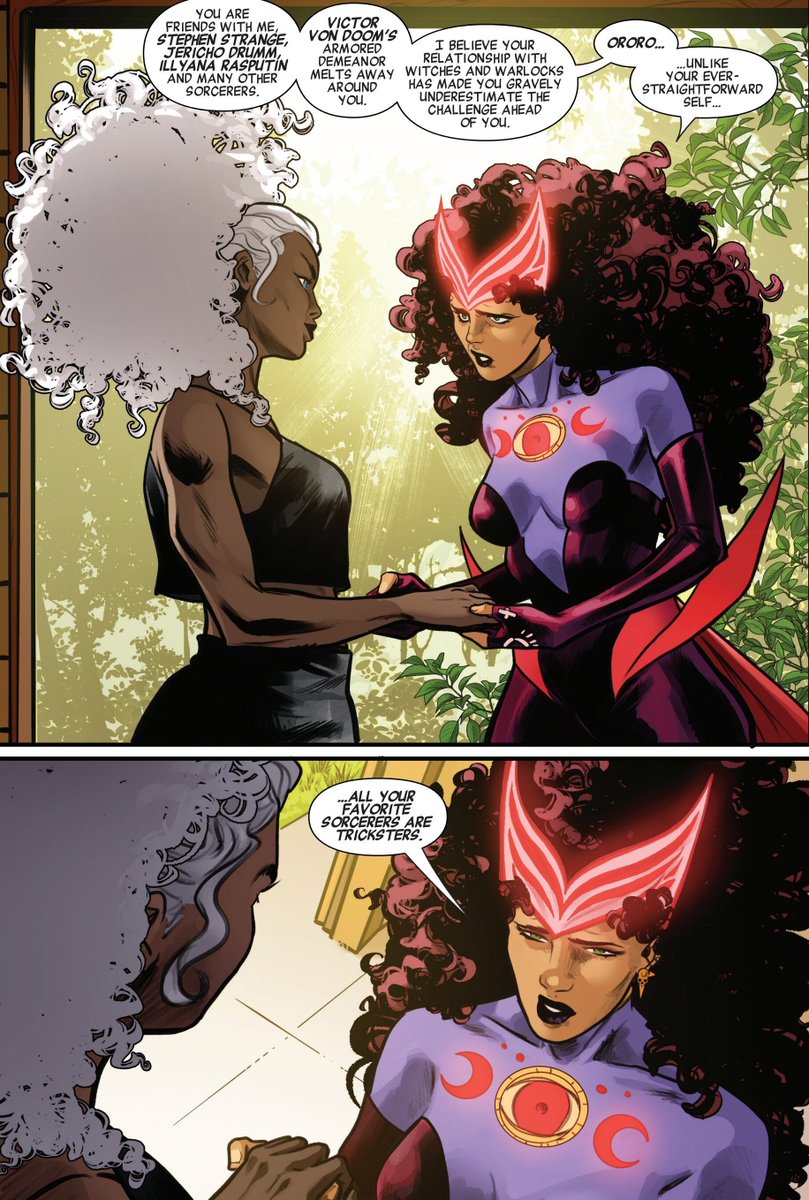 I love this interaction!! it gives insight on how Wanda views magic users and her genuine concern for Storm, but also unaware of Storm's cunning natur. E.g., her fights with Callisto and Scott, outmanuevering the FBI, and capturing the thunder gods.