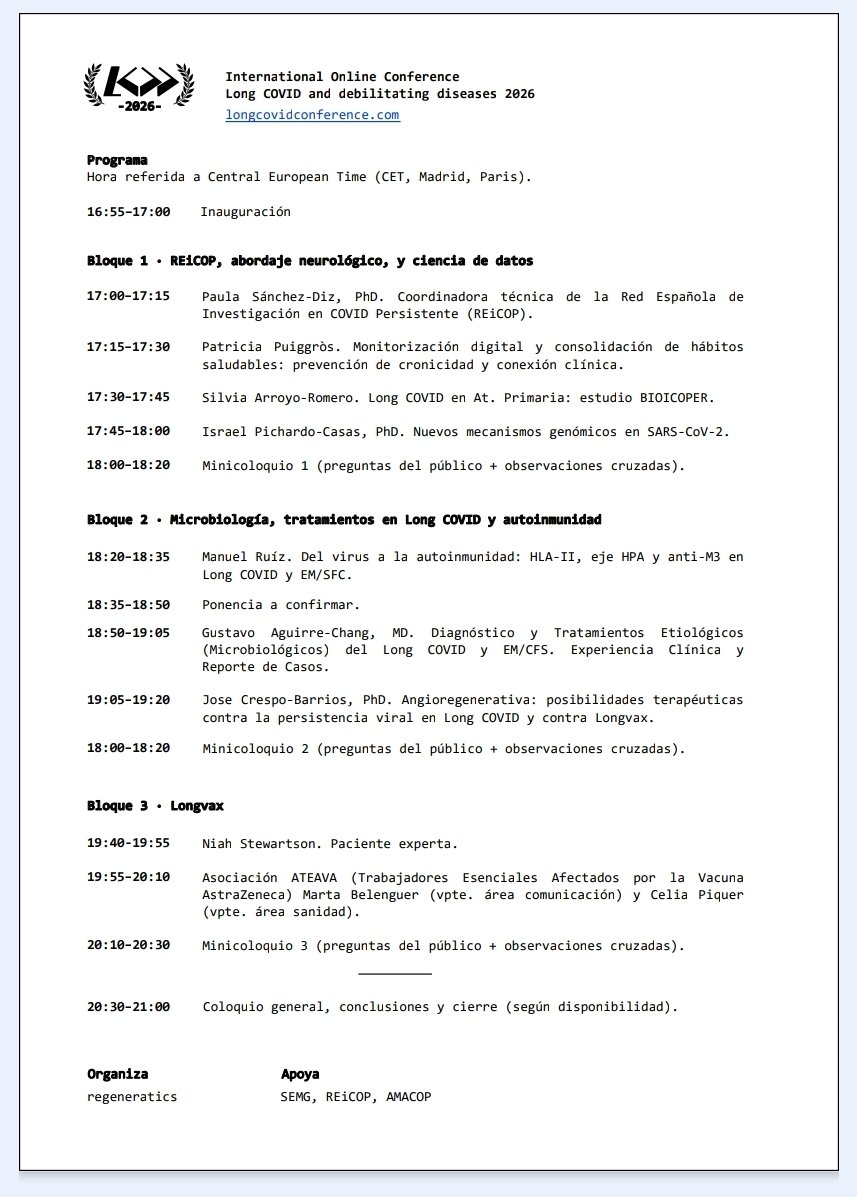 covid_madrid's tweet photo. 📆 Mañana 15 de marzo, coincidiendo con el Día Internacional de la Covid Persistente se llevará a cabo el Congreso Online Internacional en Long COVID y Enfermedades Debilitantes (LCDD – Long COVID and Debilitating Diseases)

Este congreso se celebrará de forma online y gratuita, y este año, al menos en esta edición, se realizará en español, lo que facilitará el acceso y la participación de muchas personas de nuestra comunidad

🎤 El evento contará con la participación de profesionales y ponentes comprometidos con la investigación y la visibilización de estas enfermedades, entre ellos:
Paula Sánchez Diz, Dra. Patricia Puiggròs, Silvia Arroyo-Romero, Israel Pichardo-Casas (PhD), Manuel Ruiz Pablos, Gustavo Aguirre Chang (MD), Niah Stewartson, y Marta Belenguer / Celia Piquer de ATEAVA, etc

Además de AMACOP, el congreso cuenta con el apoyo de organizaciones relevantes como:

SEMG – Sociedad Española de Médicos Generales y de Familia @SEMG_ES

REiCOP – Red Española de Investigadores de COVID Persistente @_REiCOP

Y otras asociaciones y colectivos de España

➡️ El congreso es online, abierto y gratuito. Compártelo con todas las personas que creas que le puedan venir bien

🔗 Más información: https://t.co/pVqJyw21kp 

⚠️ Recuerda también que el 15 de marzo es nuestro día clave para compartir información y visibilización de nuestra patología para que seamos cada vez más visibles

Usa los hashtags:

#LongCovidAwareness #LongCovidAwarenessMonth #LongCovidAwarenessDay #CureLongCovidNow #LongCovidMakesUsOne

@LCawarenessInt