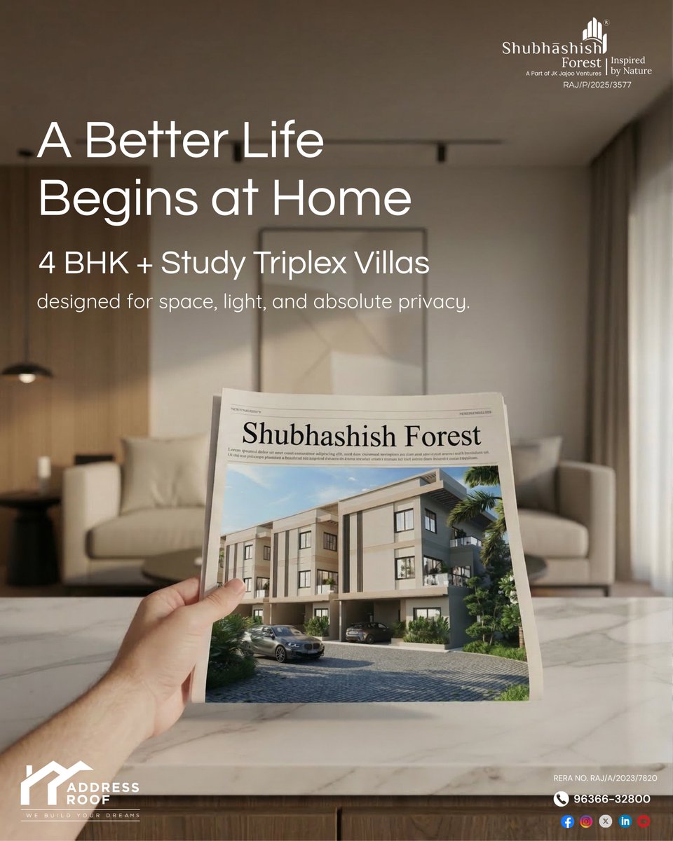 AddressRoof's tweet photo. Looking for luxury villas on Ajmer Road, Jaipur?

Explore #ShubhashishForest – 4 BHK + Study Triplex Villas designed for spacious living, abundant natural light, and complete privacy.

📞 Call now to book your visit: 96366-32800

#4BHKVilla #TriplexVilla #RealEstateJaipur #villa https://t.co/ykpJsRcW3T