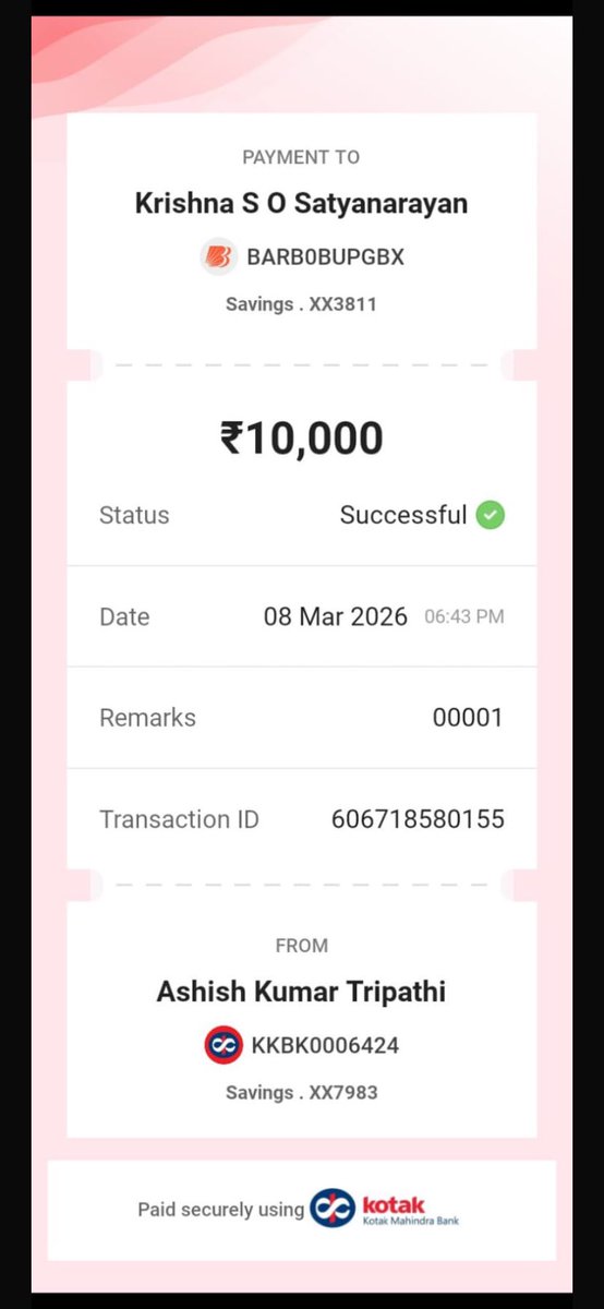 ashi07643936's tweet photo. I kindly request you to please check the transaction status from your bank and provide the confirmation details. This will help in resolving the issue as soon as possible.
Please look into this matter and assist me in resolving the payment issue,
@KotakCares @KotakBankLtd https://t.co/s8yZNF9w0H