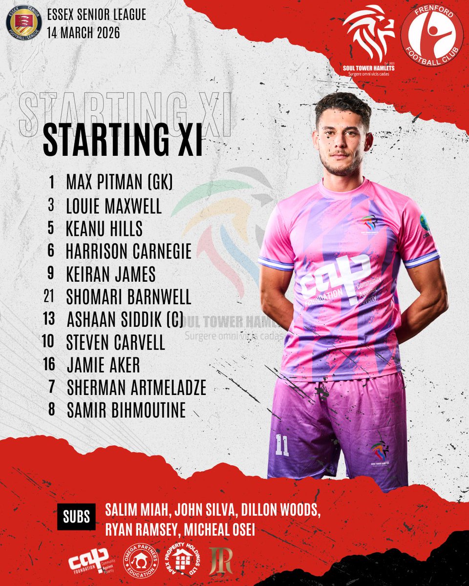 SoulTHFC's tweet image. TEAM NEWS IS IN! 🦁

Here is your Soul Tower Hamlets side to take on Frenford FC this afternoon.

Skipper Ashaan Siddik leads us out, with Harrison Carnegie and Keiran James into the starting lineup. A debut for Jamie Aker too. Let’s get those 3 points! 

#SoulTowerHamlets #STHFC